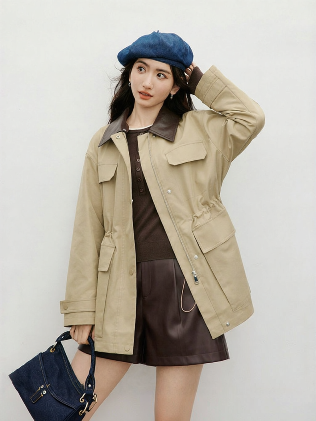 Women's New Arrivals Color Block Faux Leather Collar Drawstring British Style Long Trench Coat ราคา 5,834 บาท*ส่งฟรี