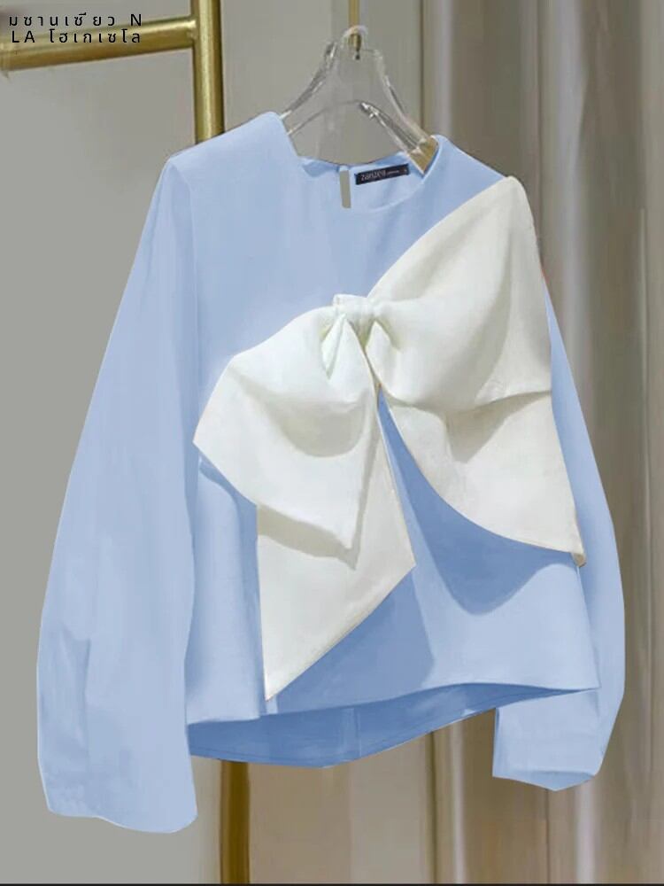 เสื้อผ้าแฟชั่นสตรี zanzea Sweety รอบคอสี Patchwork Tops 2024 ผู้หญิงเสื้อลําลองแขนยาว Bownot Blusas เกาหลีแฟชั่นฤดูใบไม้ร่วง Tunics
