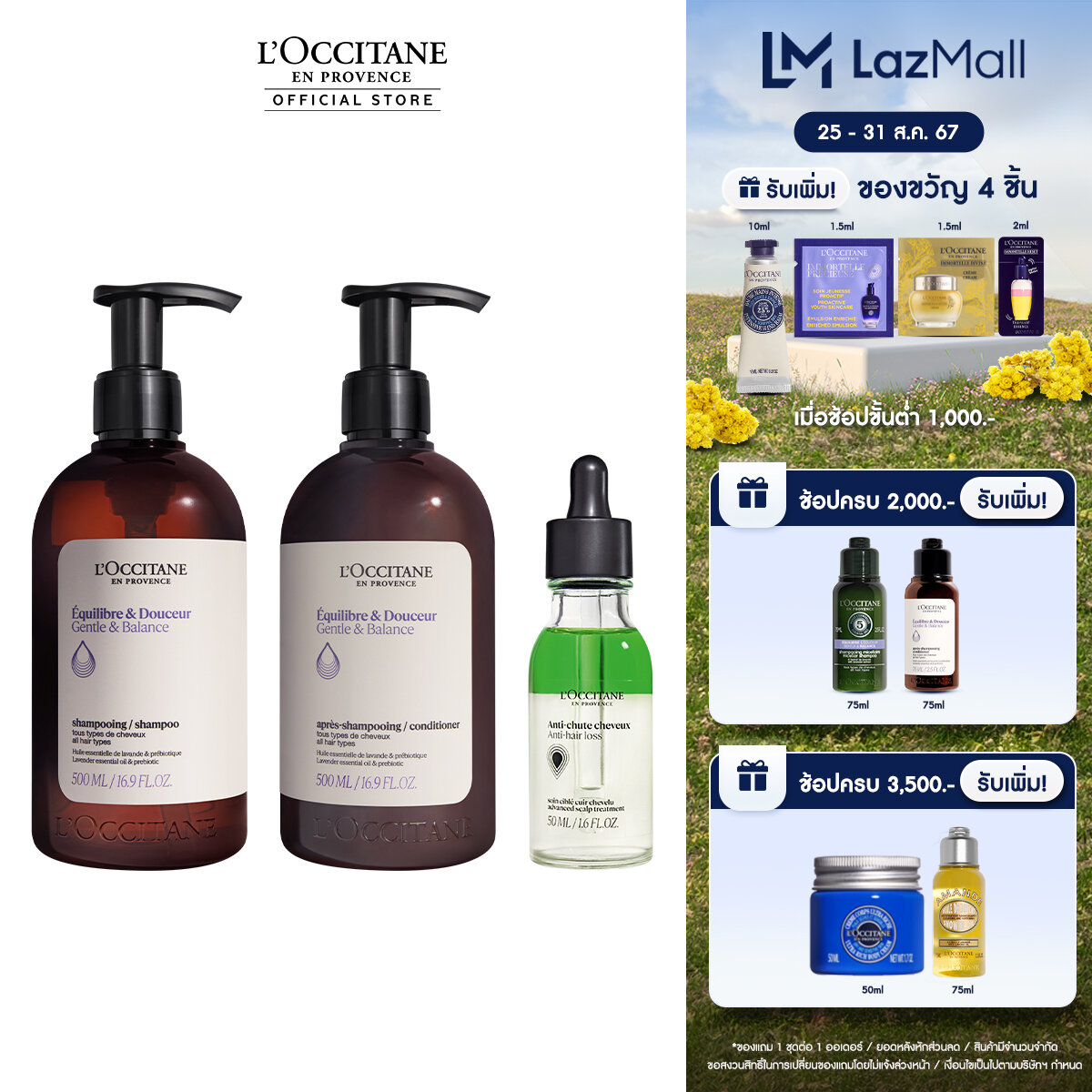L'Occitane Gentle & Balance 500ml set (shampoo+conditioner) &  Anti-Hair Loss Serum 50ml  ล็อกซิทาน แชมพู ครีมนวด สูตรสำหรับผมธรรมดา (ผมนุ่มสลวย, ผมแข็งแรง) และ เซรั่ม ลดผมหลุดร่วง - ยี่ห้อ L'occitane ราคา 4,380 บาท*ส่งฟรี