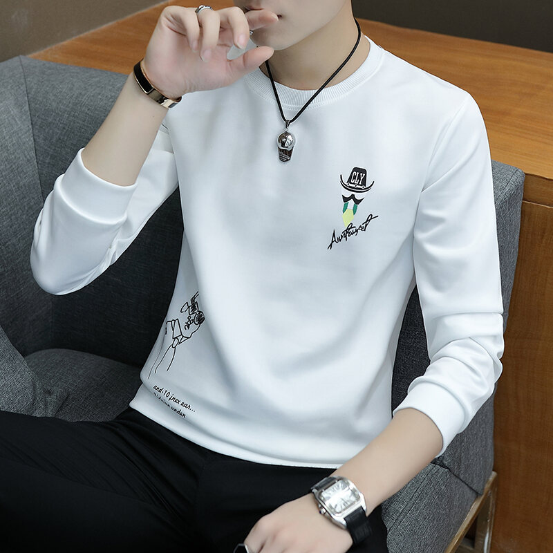 ผู้ชายเสื้อยืดแขนยาวสำหรับบุรุษฤดูใบไม้ผลิใบไม้ร่วงวัยรุ่นนักเรียนสไตล์เกาหลีสลิมปลอกคอกลมเสื้อรองในแบบบางเสื้อสเวตเตอร์เสื้อ