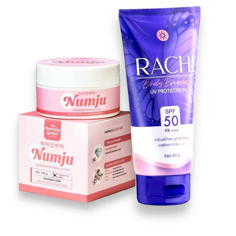 ครีมกันแดด โลชั่นกันแดด SPF50+ (Pro Duo Jin, Buy 1 Get 1 Free) NUMJU Vitamin Whitening Lotion, Korean Vitamin Lotion 100g + Rachi Body Bright Sunscreen, Rachi Body Bright ราคา 490 บาท*ส่งฟรี