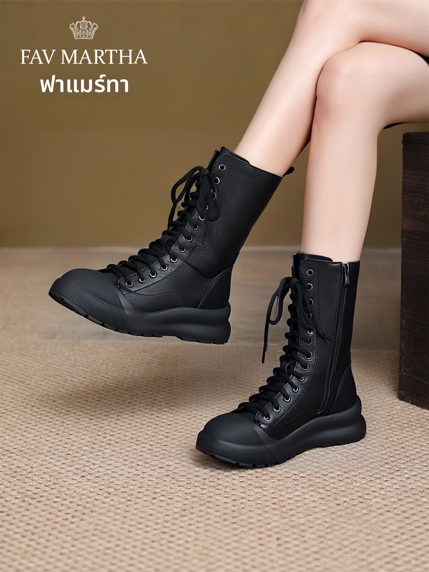 FAVMARTHA | Premium Leather Ankle Boots Retro Thick Bottom ราคา 8,494 บาท*ส่งฟรี