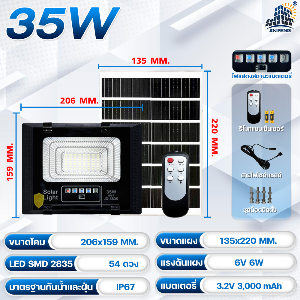 JDโซล่าเซลล์แท้100% ไฟสปอร์ตไลท์ 2000w 1000w 650W 300w 200w 120w 65w 45w 35w JD โคมไฟพลังงานแสงอาทิตย์ โคมไฟโซล่าเซลล์ สปอร์ตไลท์โซล่าเซลล์ Solar Light หลอดไฟLED Solar Cell แสงสีขาว Outdoor Waterproof ไฟส่องสนามสีขาว สินค้าขายดี