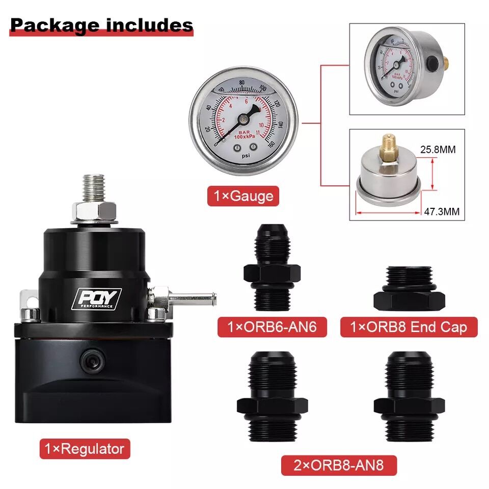 Jackspaniaracing AN8 8AN Fuel Pressure Regulator With Gauge – E85 EFI High Pressure, Aero Style