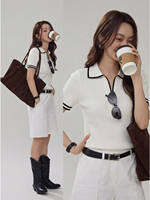 GUWEIROU | เสื้อยืดสีบล็อกคอปกแบบโปโลผ้าไหมน้ำแข็งสไตล์ฝรั่งเศสแฟชั่นสูงสำหรับฤดูร้อน