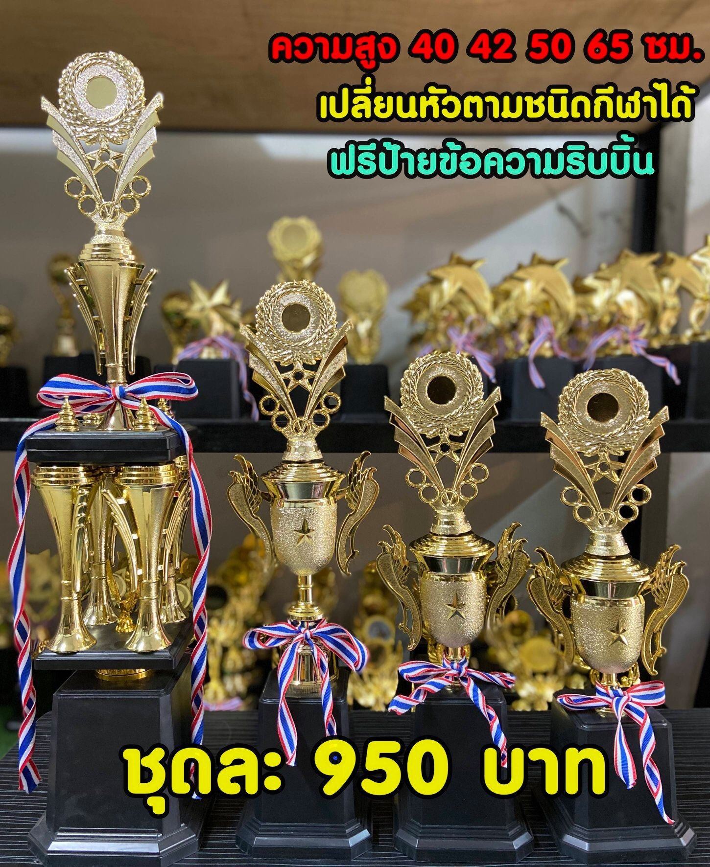 ถ้วยรางวัลเรียงขนาด 1 2 3 4 ( ทำป้ายรางวัลสั่งซื้อแล้วทักมานะครับ)