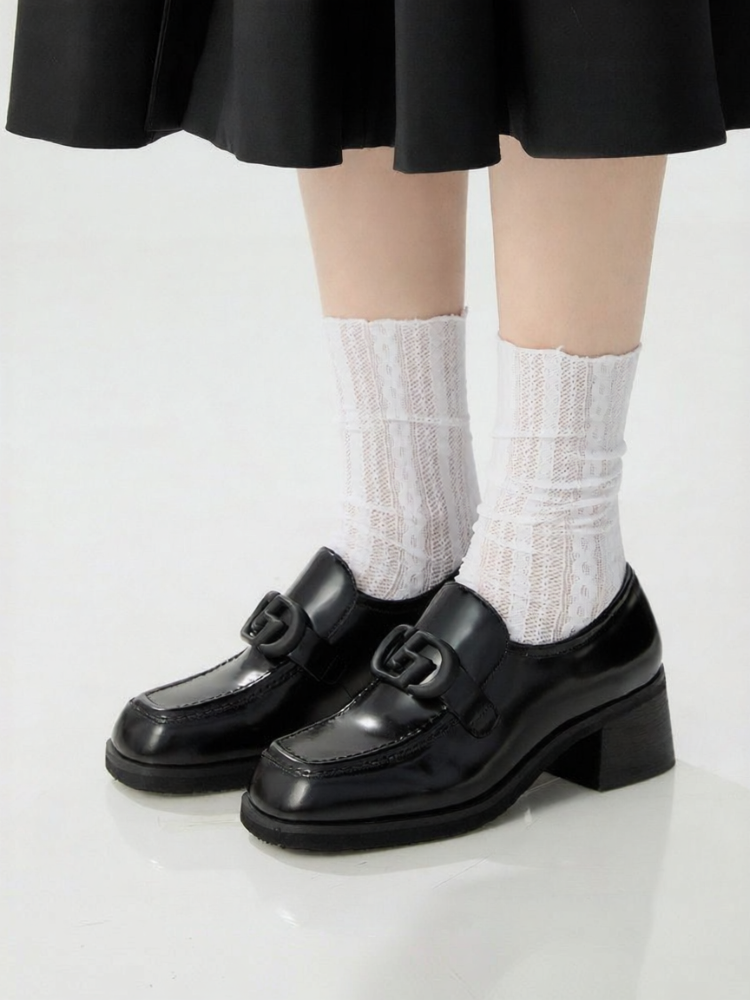 DEEP BREATH | Leather Loafers with Thick Heel Square Toe ราคา 3,850 บาท*ส่งฟรี