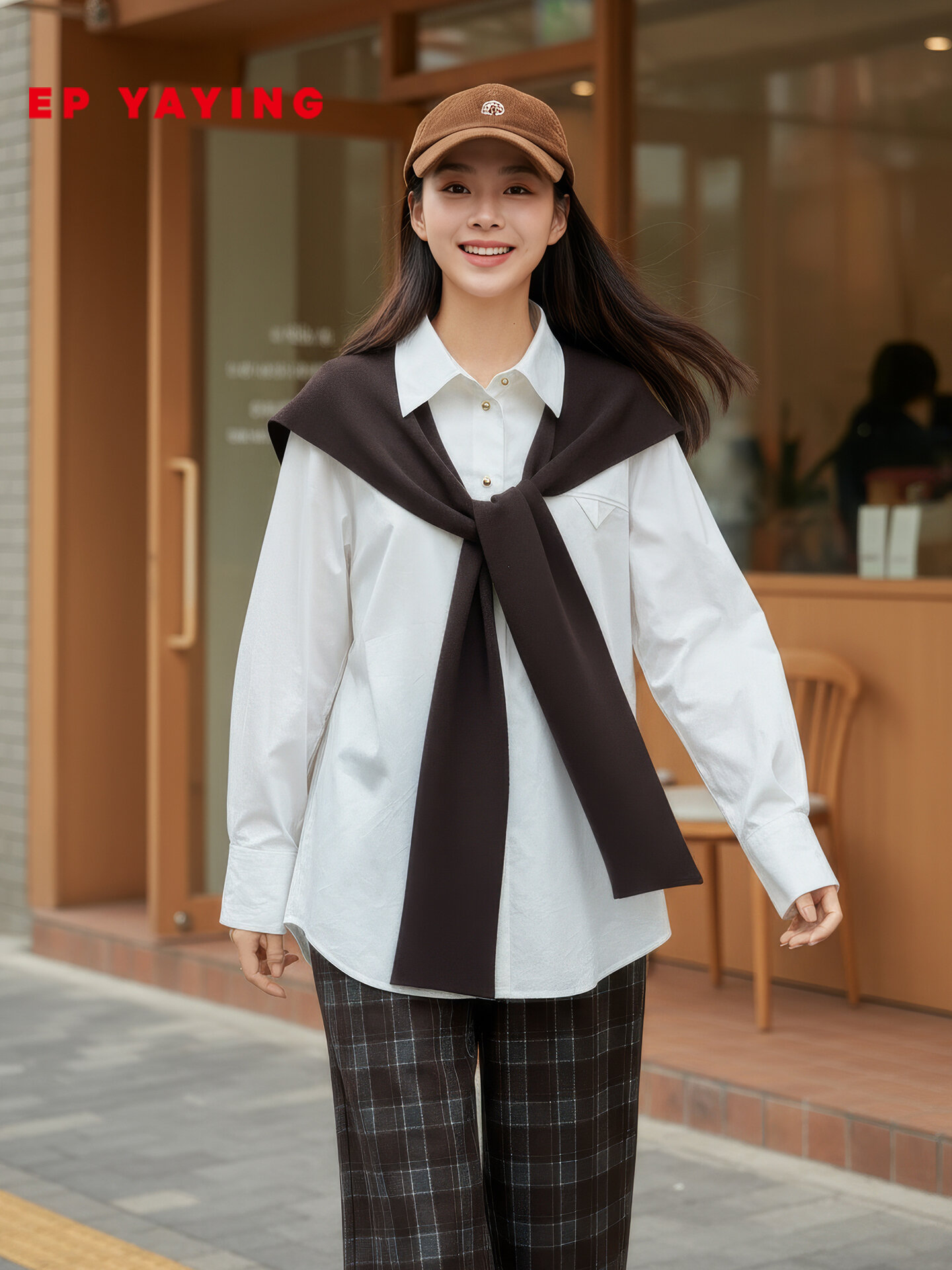 EP YAYING | Fashion Wool Shawl & Turn-down Collar Cotton White Shirt Set ราคา 15,085 บาท*ส่งฟรี