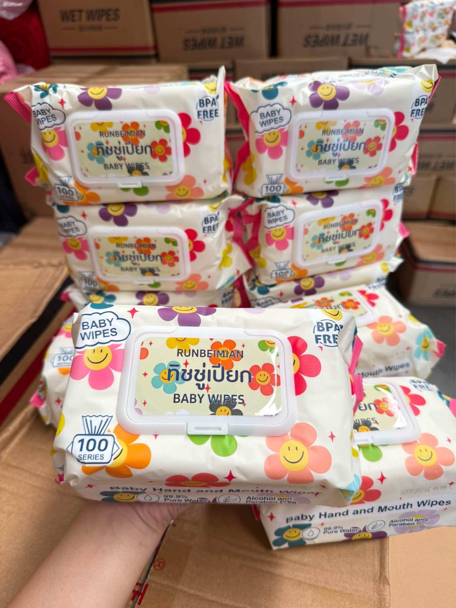 ( 10 ห่อ ) ผ้าเช็ดทำความสะอาดทารก 100 ชิ้น ปลอดสาร BPA ลายดอกไม้ขาว ราคา 229 บาท*ส่งฟรี