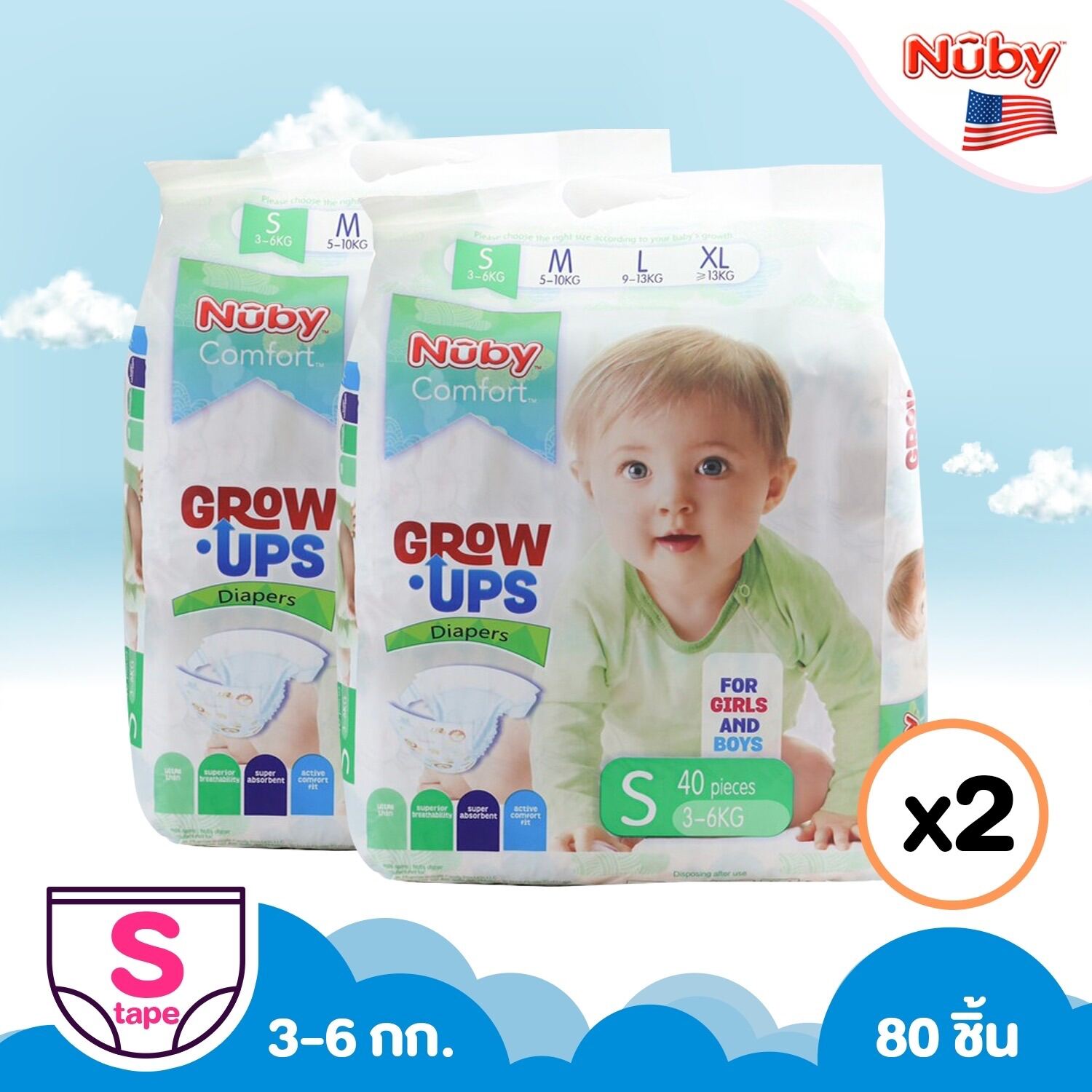S-Tape 2 แพค ผ้าอ้อมเด็กแรกเกิด ผ้าอ้อมสำเร็จรูปเทปกาว Nuby 80 ชิ้น อ่ออนโยนต่อผิวทารกแรกเกิด ไม่ระคายเคือง ซึมซับเยี่ยม พรีเมี่ยมแบรนด์USA ราคา 798 บาท*ส่งฟรี