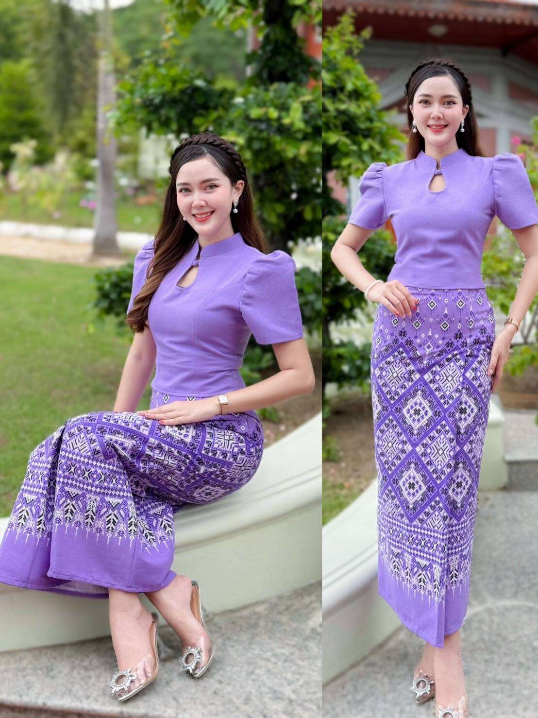 ชุดผ้าไทย เซ็ต 2 ชิ้น แยกชิ้น ทำจากผ้าฝ้ายเย็บติดทั้งชุด ผ้าสำหรับทำกระเป๋า มีซิปด้านข้าง และเสื้อเชิ้ตมีซิปปิดด้านหน้า คอปกกันน้ำด้านหลัง