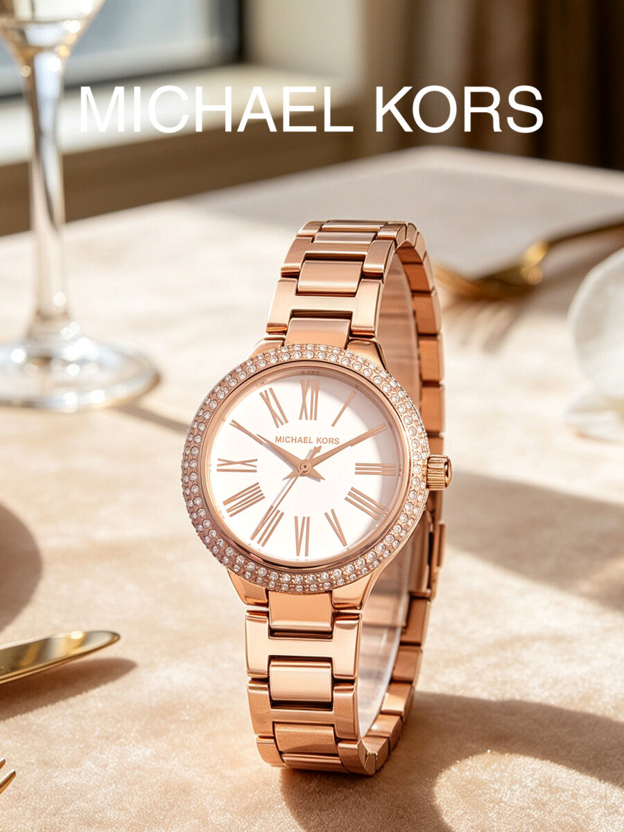 นาฬิกาข้อมือ Michael Kors ควอตซ์สำหรับผู้หญิง สายสแตนเลสสีโรสโกลด์ ขอบหน้าปัดคริสตัล หน้าปัดตัวเลขโรมัน เหมาะสำหรับเป็นของขวัญในงานปาร์ตี้หรือวันเกิด ราคา 9,946 บาท*ส่งฟรี