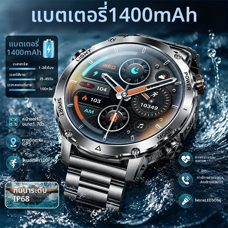 นาฬิกาสมาร์ทวอทช์สำหรับผู้ชายรุ่นใหม่ กันน้ำ แบตเตอรี่ขนาดใหญ่ 1400mAh พร้อมฟังก์ชั่น SOS ไฟฉายคู่ GPS รองรับโหมดกีฬามากกว่า 100 โหมด หน้าจอ AMOLED HD ราคา 1,613 บาท*ส่งฟรี