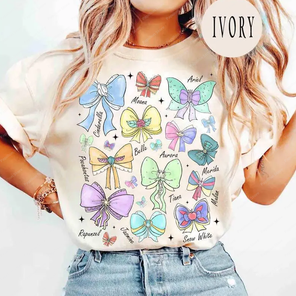 Bows Princess Cotton Top Tee Disney Girls เสื้อจับคู่ WDW Disneyland Trip Aurora Ariel Belle Cinderella Jasmine Tee เสื้อผ้า ราคา 152 บาท*ส่งฟรี