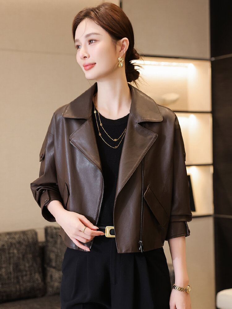 YAN FU REN | Short Loose Sheepskin Motorcycle Jacket ราคา 7,260 บาท*ส่งฟรี