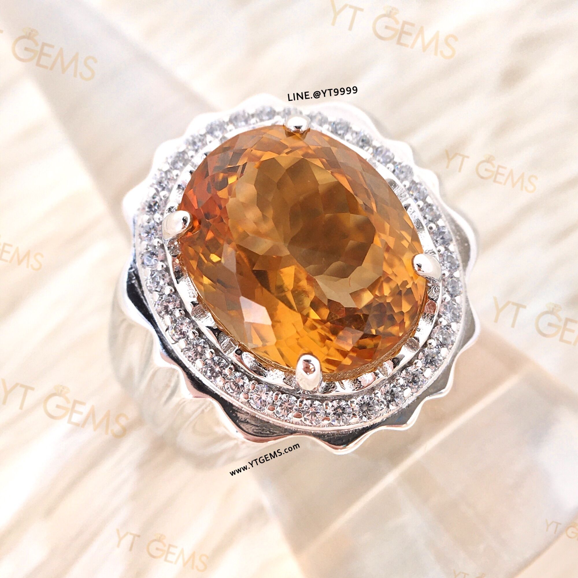 แหวนเงินแท้ 925 YTGems ซิทรินสีส้ม ล้อมเพชร ชุบทองคำขาว พลอยซิทรินแท้ YTG-11542