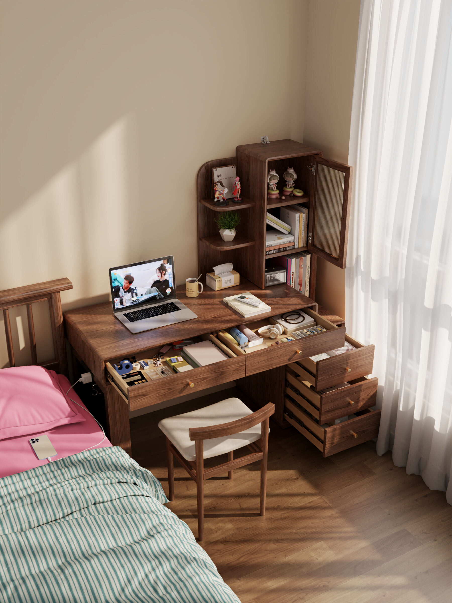 โต๊ะทำงาน โต๊ะคอมพิวเตอร์ Ergonomic DONGMU ไม้เข้ามุมขยายได้ชั้นวางลิ้นชักเครื่องแป้ง ราคา 16,899 บาท*ส่งฟรี