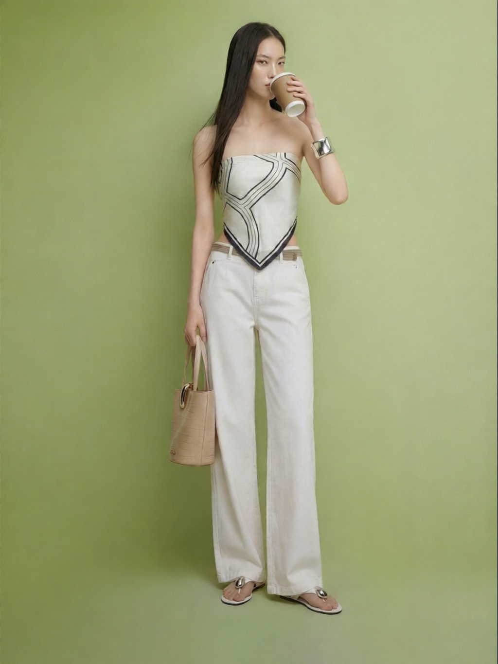 Vero Moda | Linen Blend Wide Leg Jeans with White Belt ราคา 5,861 บาท*ส่งฟรี