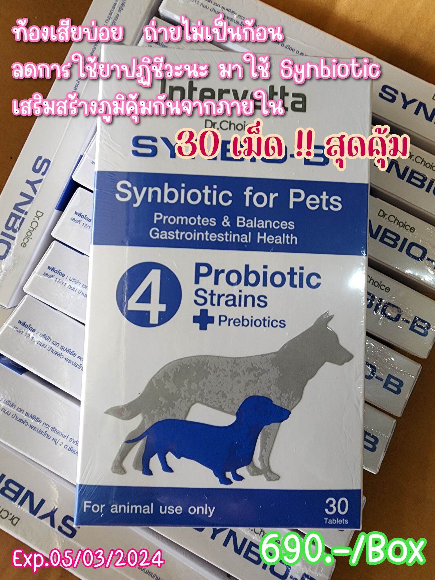 โพรไบไอติกสำหรับสุนัขและแมว SYNBIO-B 30 เม็ด ลดการใช้ยาปฏิชีวะนะ Exp 10 ...