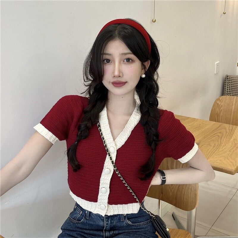 tt Shop พร้อมส่ง เสื้อไหมพรมแขนสั้น คอวีกระดุมด้านหน้าคิ้วๆน่ารัก 11506 ...