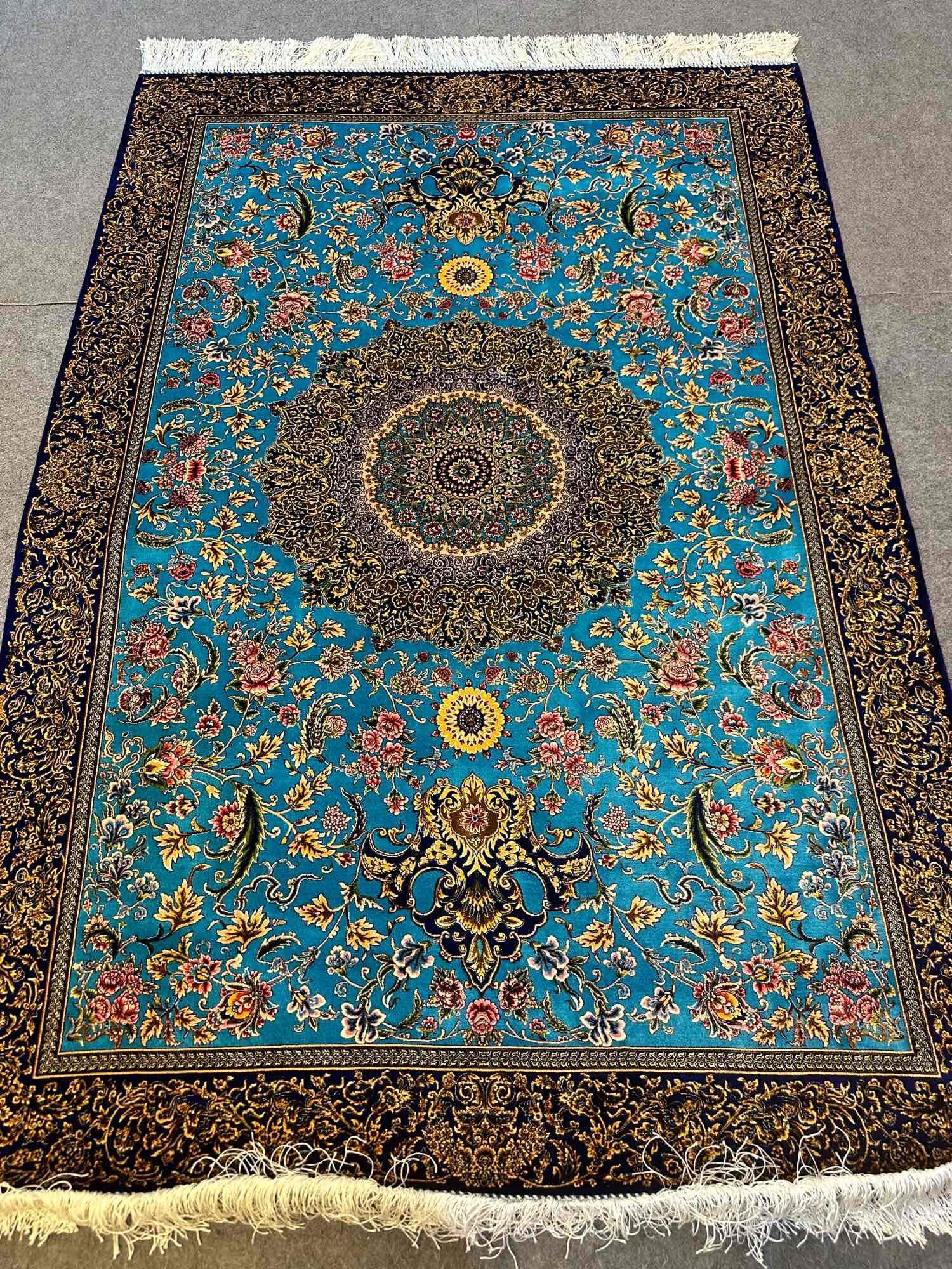 "Aqua Exquisite  Silk-on-Silk Persian Carpet: crafted Luxury from Iran, 120x180cm"