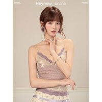 loveheynew | เสื้อหน้าร้อนคอวีผูกโบว์สีม่วงลายลูกไม้จุด