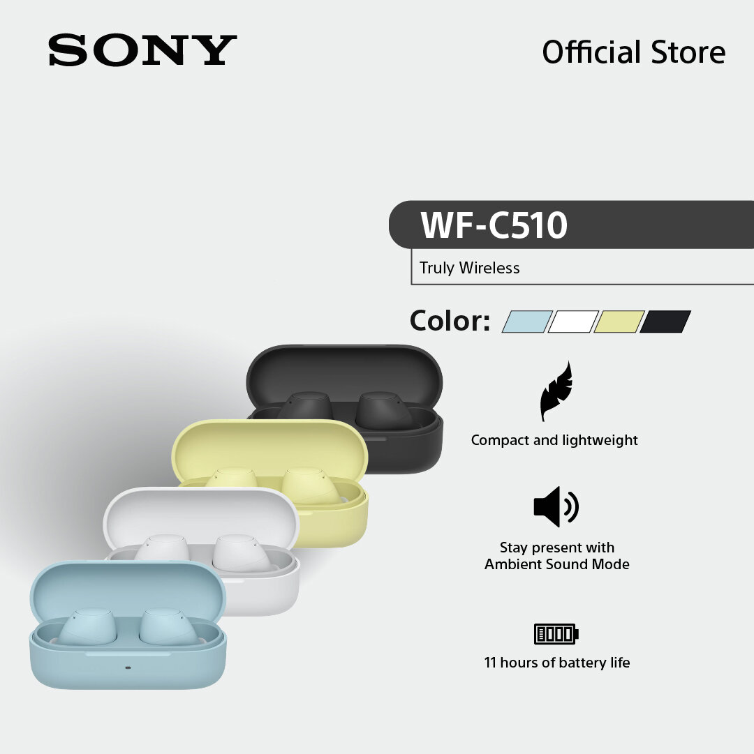 Sony in Ear Headphones Model Wf-C510 |   Ambient Sound Mode |   Bluetooth 5.3 |   Ipx4 |   Charging Time 1.5 Hours. |   11 Hours of Battery Life, with an Additional 11 Hours in the Charging Case.