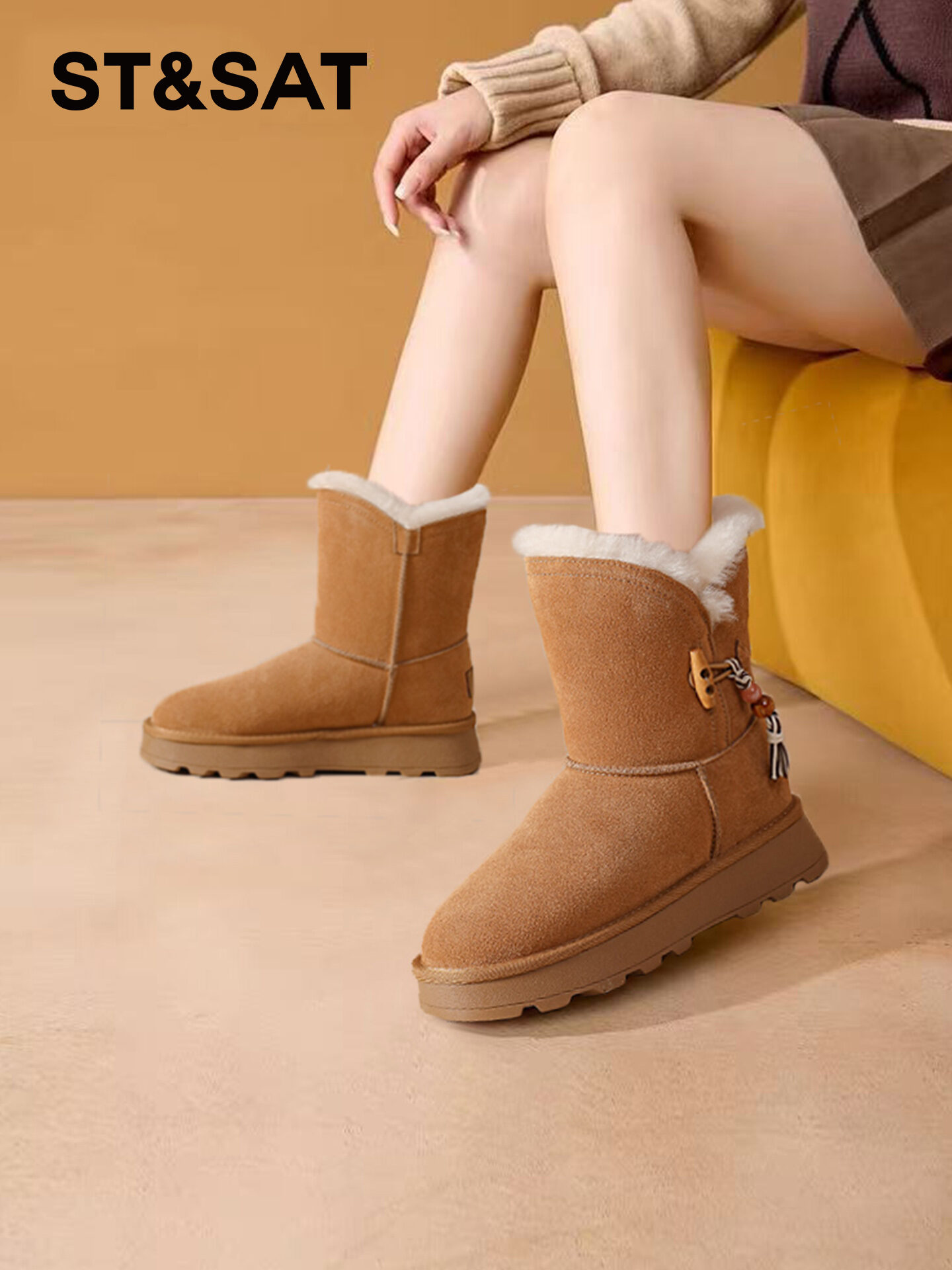 ST&SAT | Warm Thicker Padded Faux Fur Snow Boots Mid Calf ราคา 3,778 บาท*ส่งฟรี