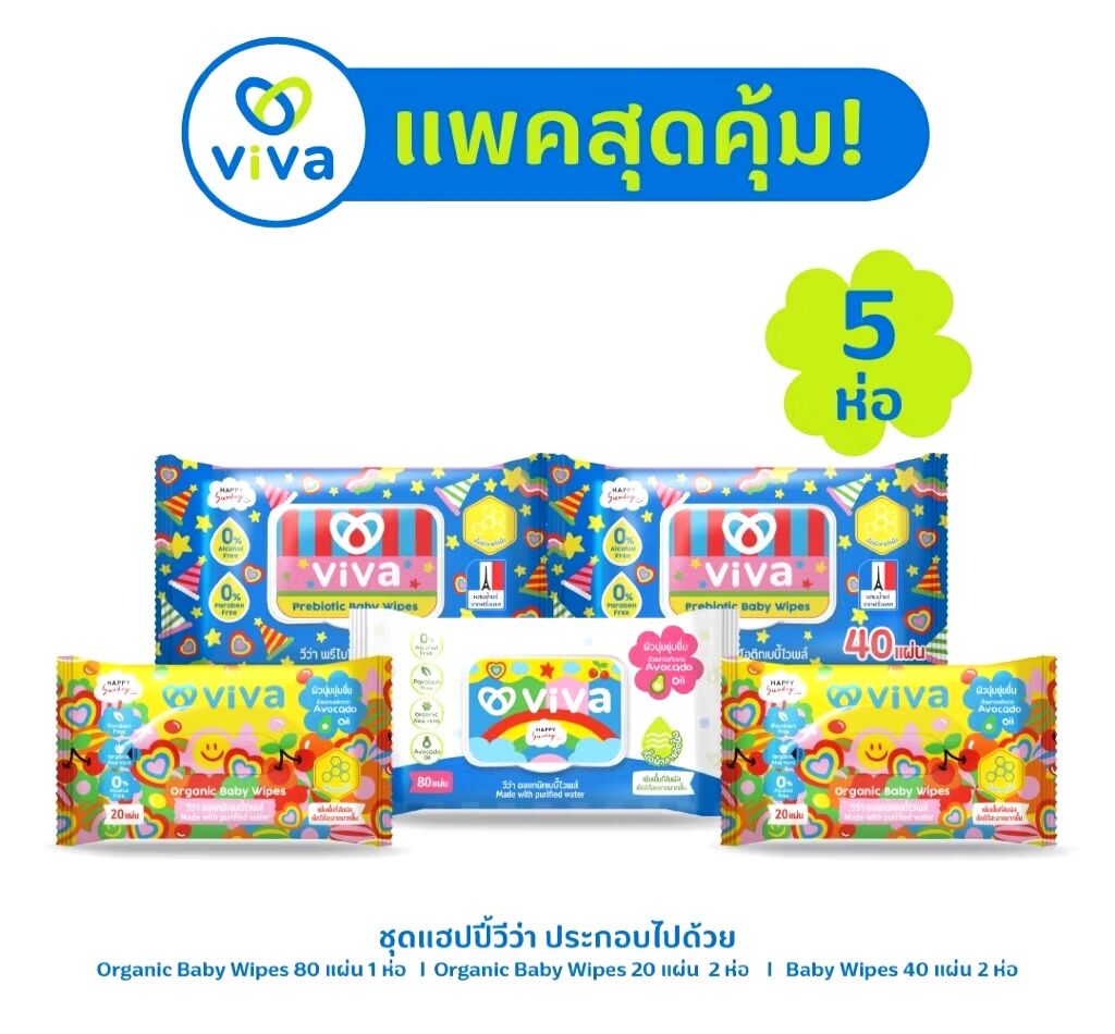 Viva X Happy Sunday Wet Wipes. Viva Wet Wipes. Happy Viva Set 1 Carry Bag Contains 5 Packs (200 Sheets Per Pack). ราคา 130 บาท*ส่งฟรี