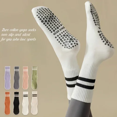 ถุงเท้ากีฬา แบบข้อยาว ถุงเท้า Yoga Sock มีปุ่มกันลื่น เหมาะสำหรับโยคะ/พีลาทิส ถุงเท้าพื้นยาง ใส่สบายCotton yoga socks non-slip bottom