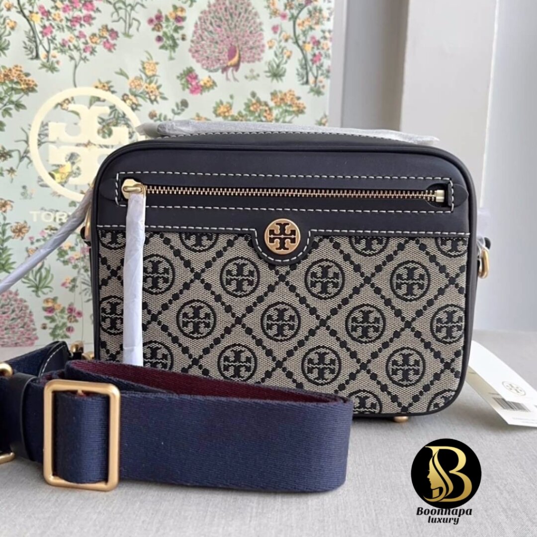 Tory Burch Camera Bag Shoulder Bag Jacquard 79356 Navy Monogram New