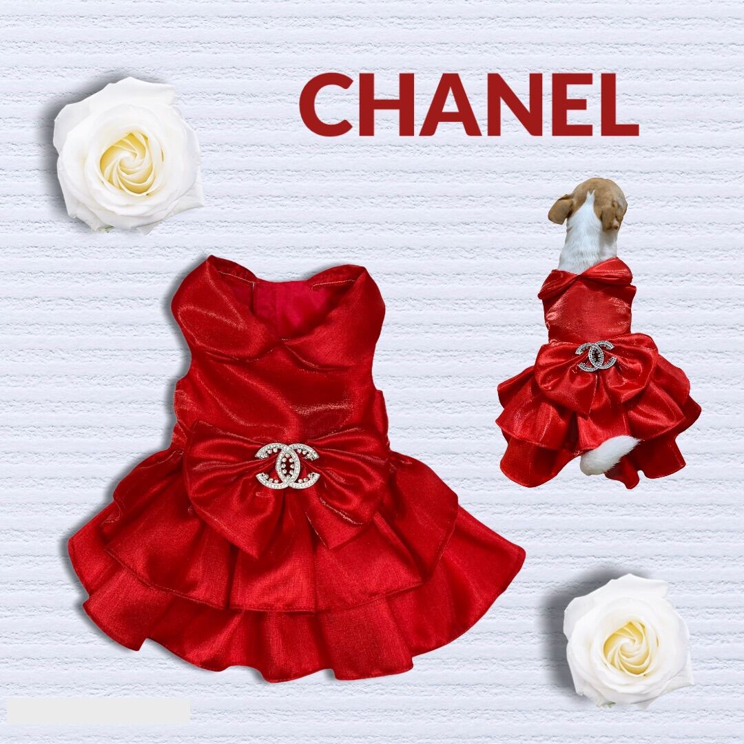 ชุดกระโปรงชาแนล  ชุดกระโปรงแดงสุนัขแมว Chanel ชุดน้องหมาชาแนล ชุดออกงานสุนัข เสื้อผ้าน้องหมาน้องแมว