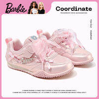 Barbie | รองเท้าบัลเลต์เจ้าหญิงนุ่มสำหรับเด็กผู้หญิง ขนาด 26-35 รองเท้าผ้าใบลำลองสีชมพูขาว ลายโบว์