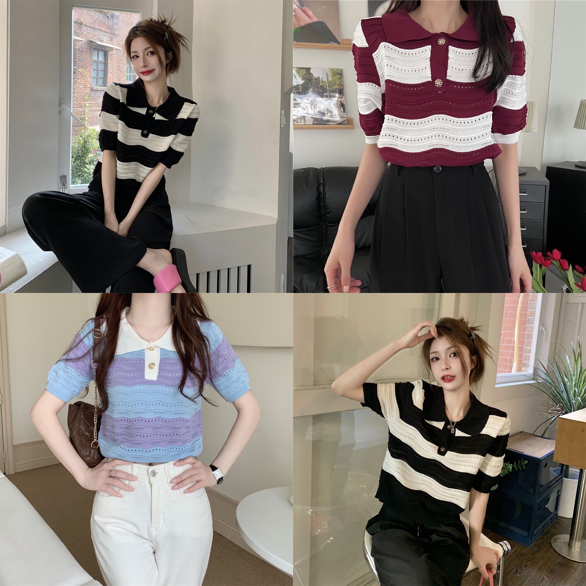 ttshop????พร้อมส่ง???? เสื้อไหมพรมแขนสั้น คอปก กระดุมทองน่ารักมากคิ้ว ...