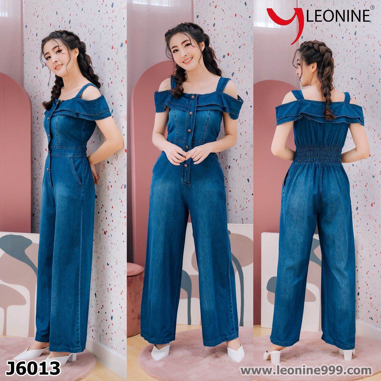 จั้มสูทยีนส์ Jumpsuit jeans กางเกงยีนส์ ชุดยีนส์ ชุดเดรสกางเกง กางเกงยีนส์ มีบิ๊กไซส์ยีนส์ ไซส์พิเศษ ชุดยีนส์แฟชั่นLeonine J6013 (Sizeอก 36",38"40"42"44") ราคา 890 บาท*ส่งฟรี