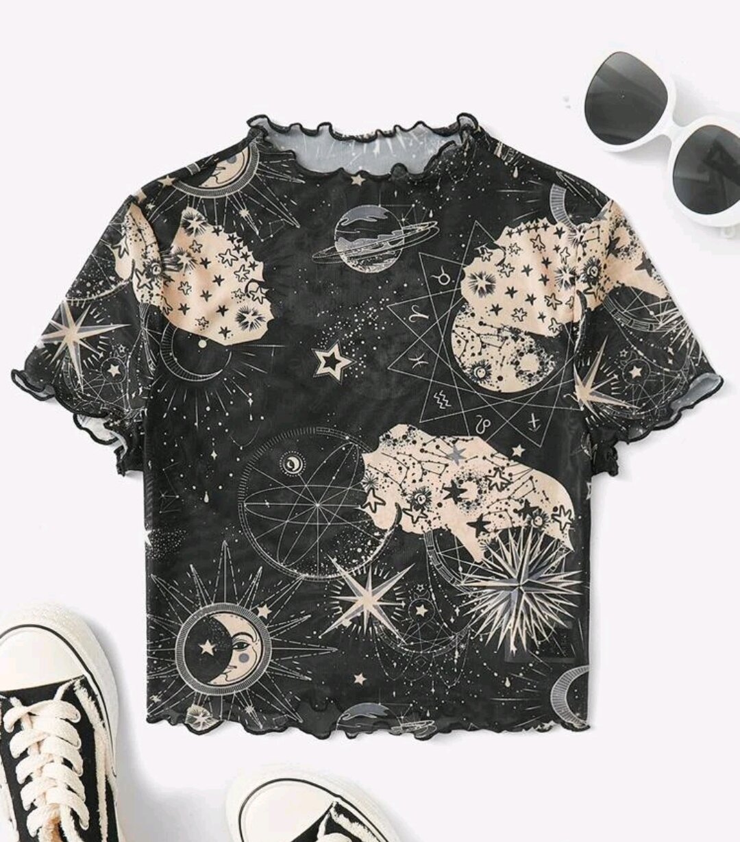 Ready to Ship from Thailand. Short Sleeve Crop Top, See-Through Fabric, Sheer Fabric, Mesh Fabric, Black, Art Pattern, Graphic Pattern, Galaxy, Stars. ราคา 109 บาท*ส่งฟรี