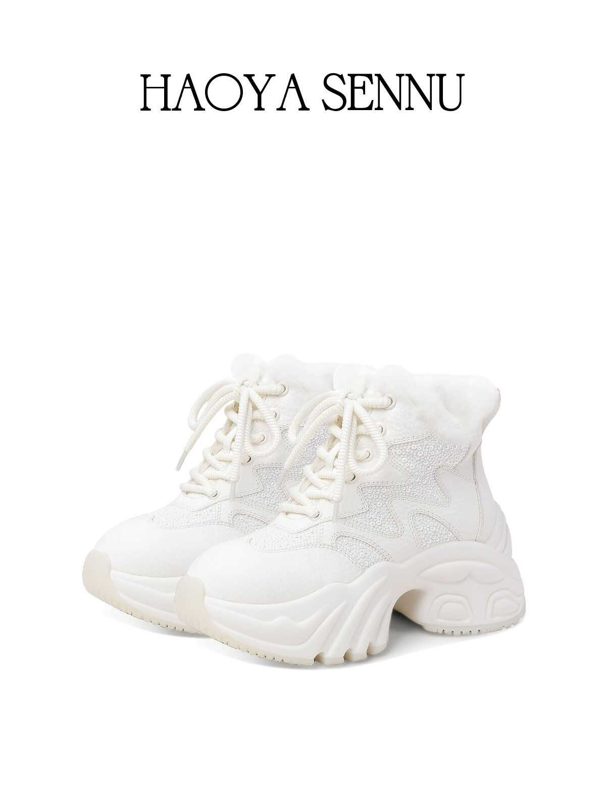 HAOYASENNU | Round Toe Thick Sole Wool Fashion Pearl Winter Boots ราคา 11,073 บาท*ส่งฟรี