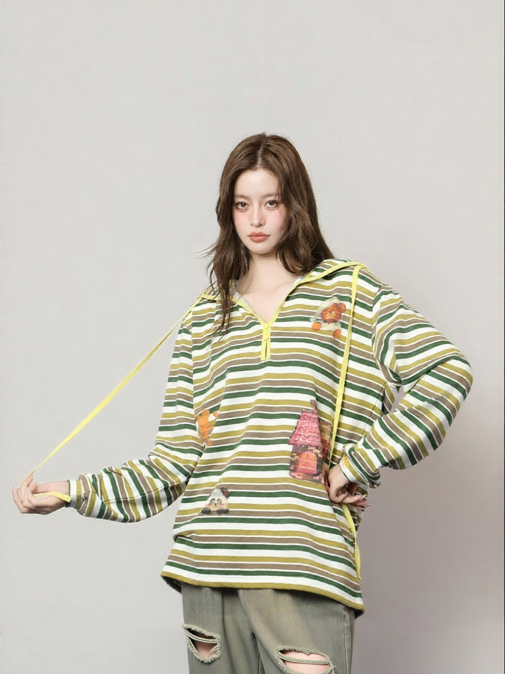 LALABOBO | Casual American Stripe Hooded Loose Long Sleeve Shirt ราคา 5,843 บาท*ส่งฟรี