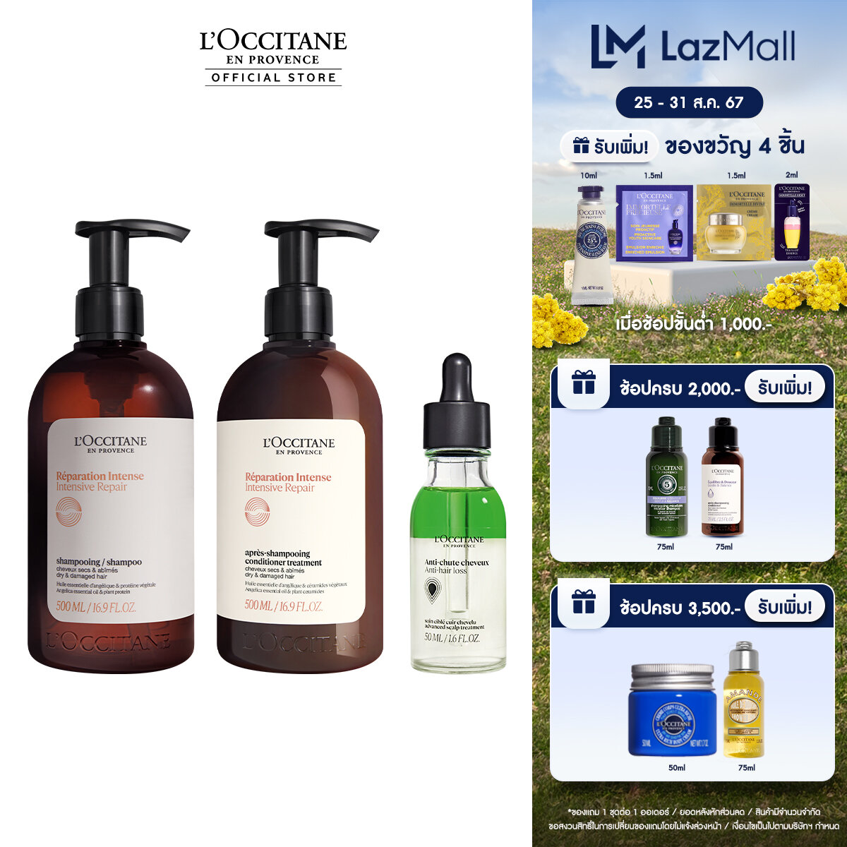 L'Occitane Intensive Repair500ml set (shampoo+conditioner) & Anti-Hair Loss Serum 50ml ล็อกซิทาน แชมพู ครีมนวด สูตรสำหรับผมแห้งและผมเสียจากการทำเคมี และ เซรั่ม ลดผมหลุดร่วง ราคา 4,380 บาท*ส่งฟรี