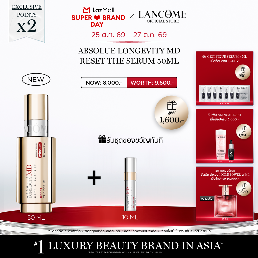 เซรั่มบำรุงผิวหน้า เอสเซนส์ Lancôme ใหม่! ABSOLUE LONGEVITY MD RESET THE 50ml เพื่อความอ่อนเยาว์เจเนอเรชันใหม่ เข้าจัดการและลดเลือนสัญญาณแห่งวัยที่ปรากฏอย่างตรงจุด เผยเซลล์ผิวใหม่ ใน 17 วัน ราคา 8,000 บาท*ส่งฟรี