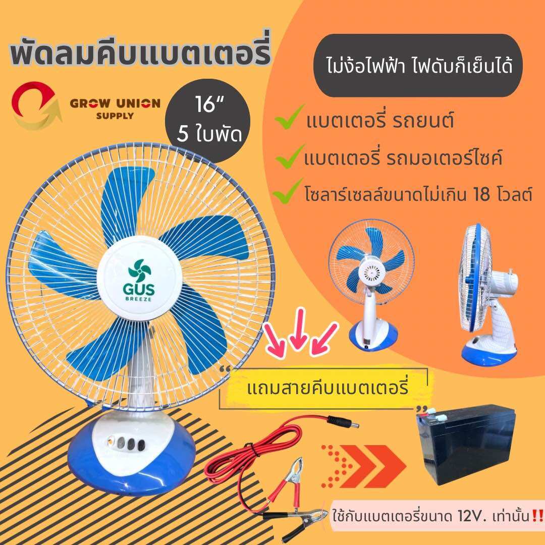 GUS BREEZE พัดลมโซล่าเซลล์ พัดลมคีบแบตเตอรี่ DC 12 โวลต์ 16 นิ้วใช้ต่อกับแบตเตอรี่ แผงโซลาร์เซลล์...