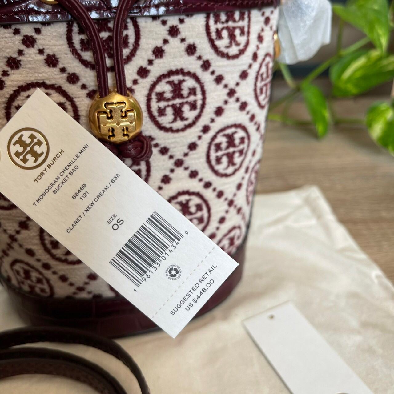 Tory Burch T Monogram Mini Chenille Bucket Bag Claret New Cream