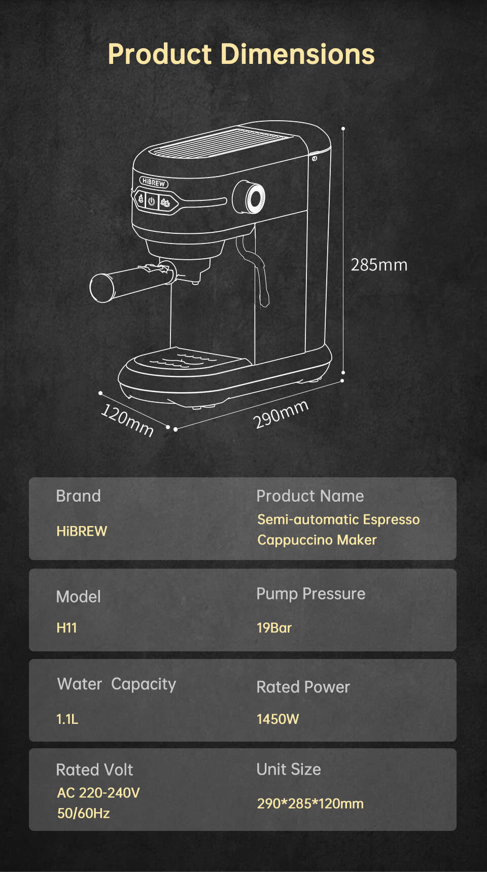 HiBREW Coffee Maker Cafetera 19 Bar Inox Semi Automatic Super Slim ESE POD&  Powder Espresso Cappuccino Machine Hot Water H11