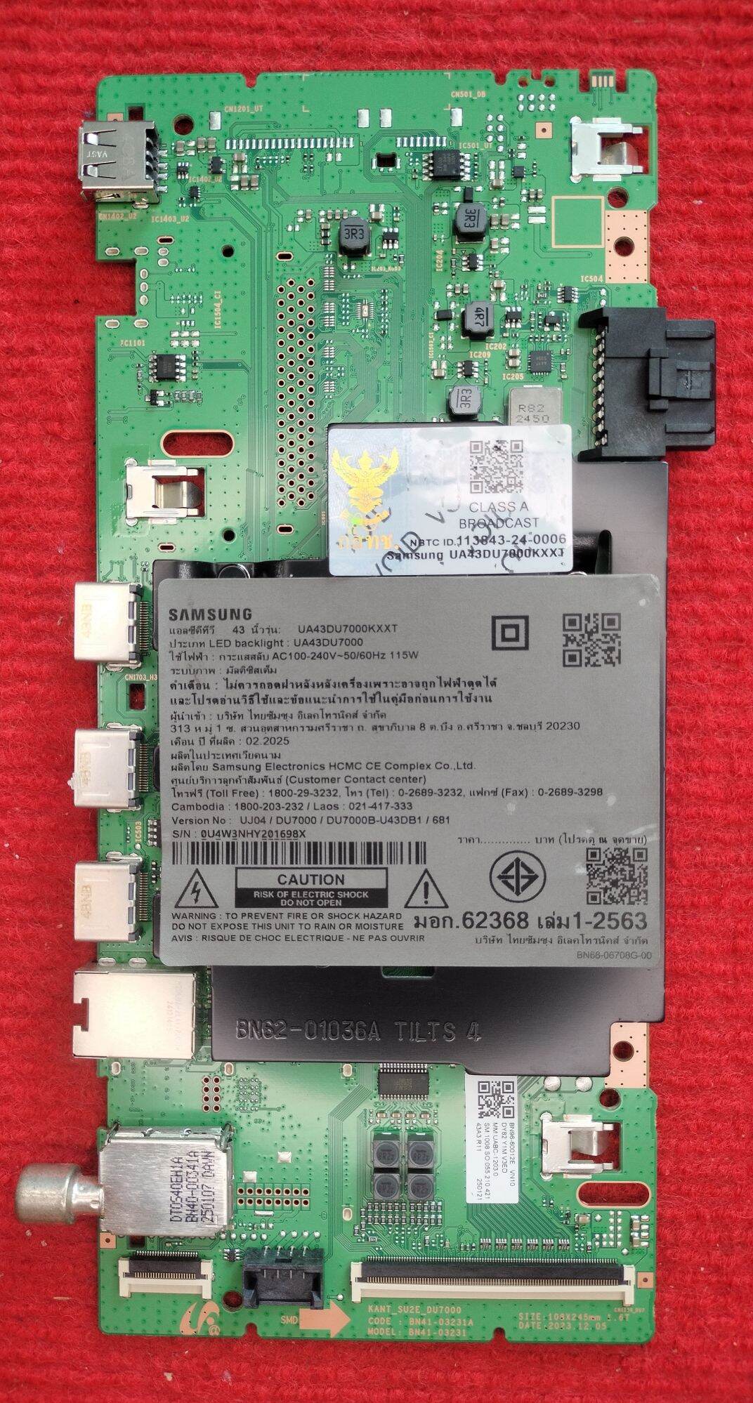 Motherboard for Samsung Tv Ua43Du7000Kxxt, Part Number Bn96-60012E, Version:Uj04, 100% Genuine, Second-Hand, in Good Condition, Tested before Sending, with Warranty. ราคา 1,480 บาท*ส่งฟรี