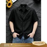 ZHUOCAN | เสื้อแขนสั้นผ้าลินินสีดำสำหรับผู้ชาย