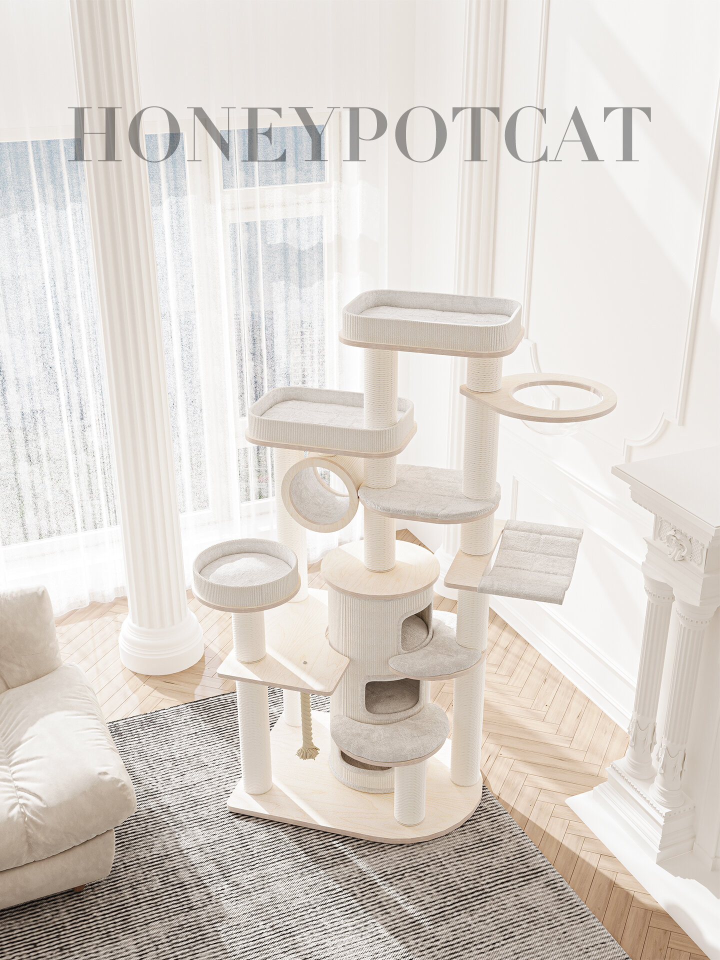 อาหารและอุปกรณ์สัตว์เลี้ยง Honeypot Cat แมวฮันนี่พอท | ต้นไม้แมวไม้หลายระดับขนาดใหญ่