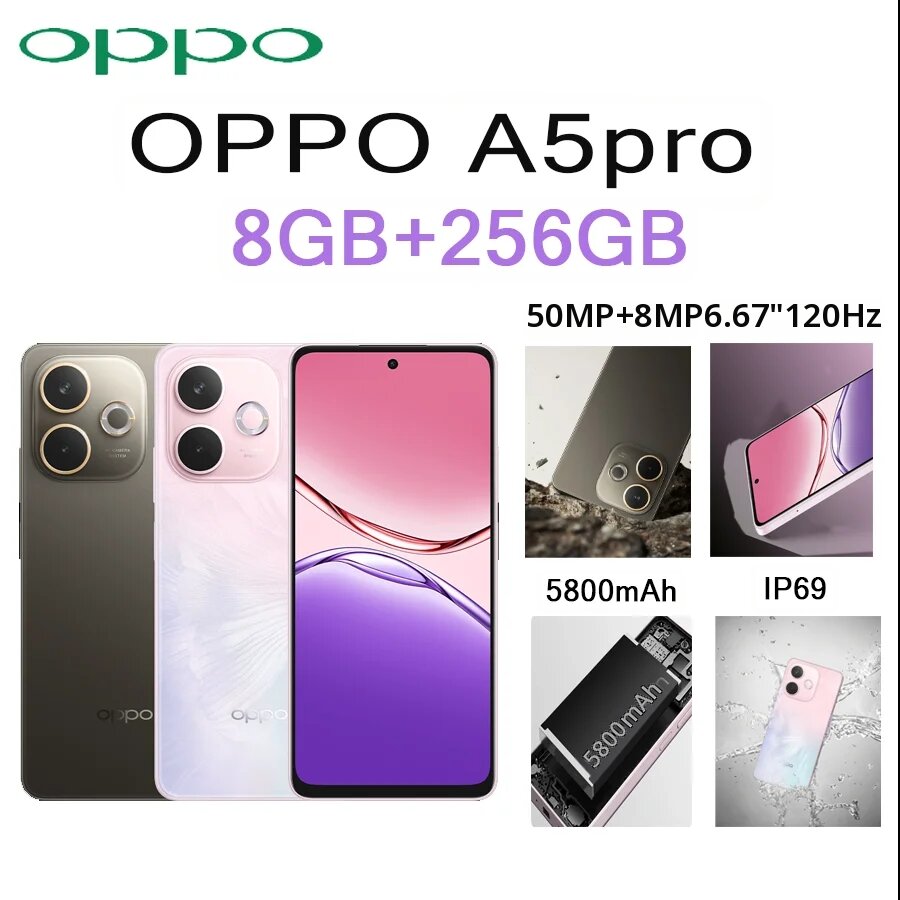 OPPO | OPPO A5 Pro หน้าจอ 6.67 นิ้ว 120Hz แรม 8GB+256GB กล้อง 50MP แบตเตอรี่ 5800mAh ใช้งานได้ยาวนาน รองรับ 5G รุ่น EU/US รองรับซิมคู่ ปลดล็อคแล้ว ราคา 8,197 บาท*ส่งฟรี