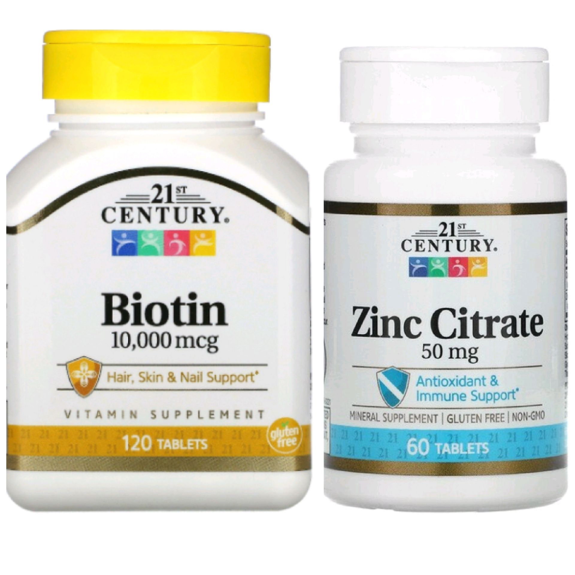 แพคคู่ Biotin 10000mcg 120 tablets และ Zinc 50mg 60 tablets ไบโอติน และ ซิงค์ 21st Century
