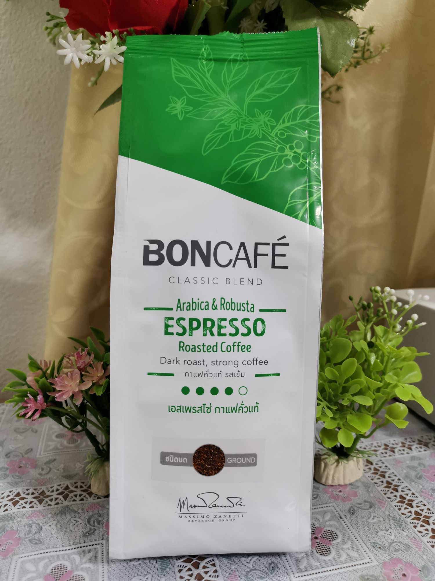 กาแฟคั่วบด 1ถุง ปริมาณ 250กรัม บอนคาเฟ่ เอสเพรสโซ Boncafe Espresso ( dark-roasted espresso)
