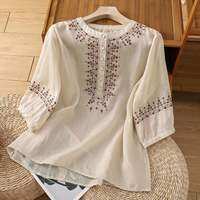 Lieoyuarn | เสื้อเชิ้ตผ้าฝ้ายลินินปักลายวินเทจแขนสามส่วนทรงหลวมสำหรับผู้หญิงใส่สบายในฤดูใบไม้ผลิและฤดูร้อน